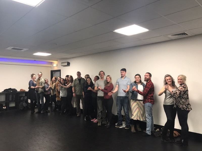 Irish dance themed hen do Leeds - hen party group performing Riverdance-inspired routine with professional instructor